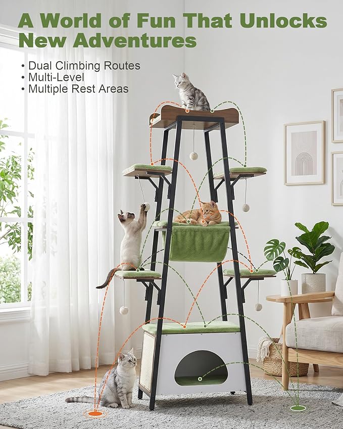 74-Inch Modern Cat Tree Tower for Large Cats, Multi-Level Cat Tower with Scratching Board, Large Perch, Hammock, Removable Pads, Green