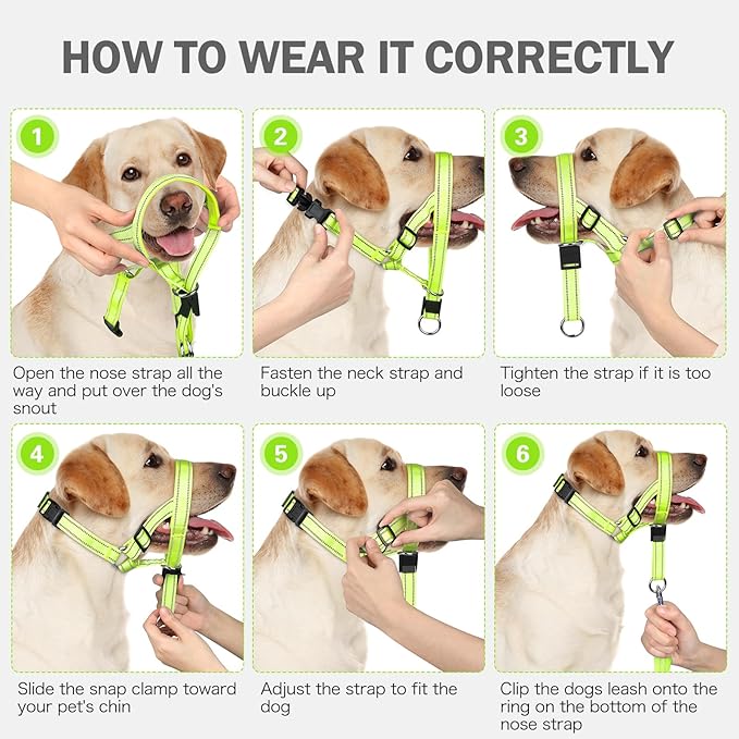 Weesiber Soft Dog Head Collar - Adjustable Dog Head Harness, Padded No Pull Head Halter Collar with Reflective Safety Strip for Training and Walking(Green,L)
