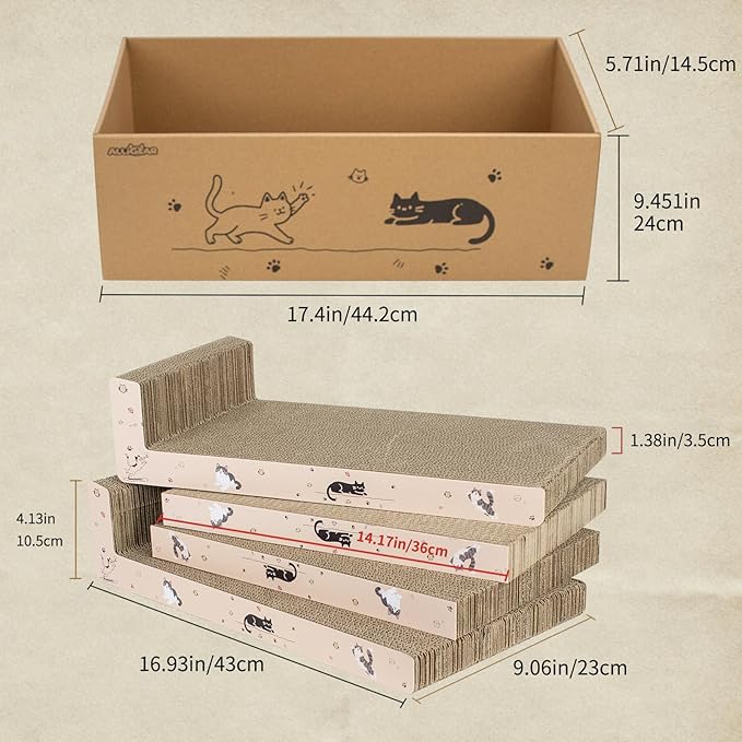 Cat Scratcher with Box, 4 High-Density Corrugated Boards (2 Flat & 2 L-Shaped Scratching Pads), Corrugated Cardboard Scratch Pad, 1.4in Thick L Scratchers for Kittens with Catnip