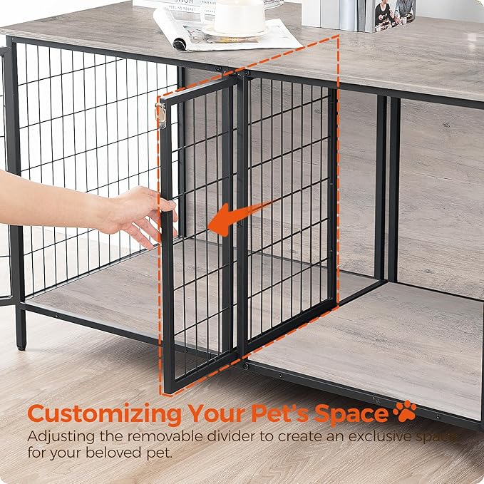 Dog Crate Furniture for 2 Dogs, 43.3" Dog Kennel with Removable Divider, Heavy Sturdy Dog Furniture Style Double Cage for Small Medium Dog, Indoor Pet House End Table, Greige DCHG1201