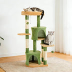 45.3-inch Multi-Level Cat Tree Tower with 3 Soft Platforms & 2 Cat Caves, Fully Wrapped Sisal Scratching Post for Indoor Cats, Dangling Toy, Green