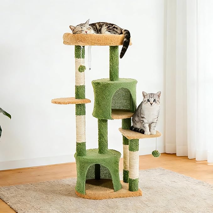 45.3-inch Multi-Level Cat Tree Tower with 3 Soft Platforms & 2 Cat Caves, Fully Wrapped Sisal Scratching Post for Indoor Cats, Dangling Toy, Green
