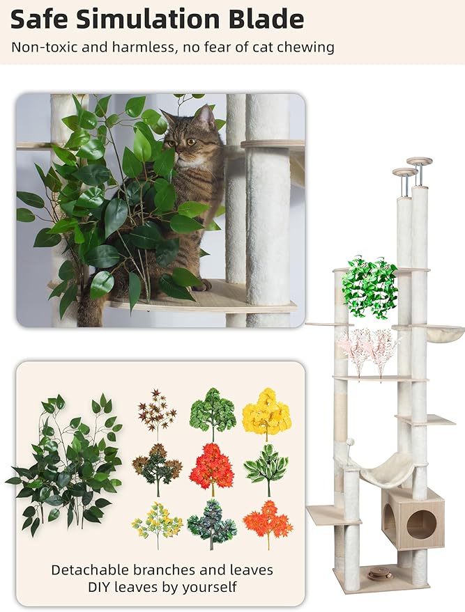 Large Cat Tree Floor to Ceiling Tower, Adjustable Height 77-101 Inches Tall, Climbing Cat Activity Furniture with Thickened Posts, Hammock Bed and Condo for Indoor Cats, White