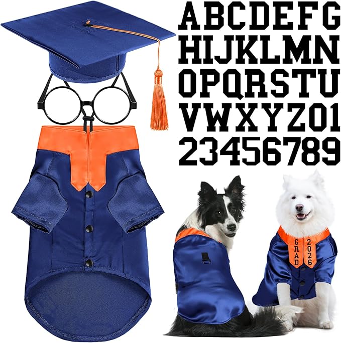 5 Pcs Dog Graduation Costume Set Include 2026 Pet Graduation Gown with Stole Puppy Grad Cap Lensless Glasses DIY Letter Stickers for Dogs Cats Holiday Costume Accessory(Blue Orange,XL)