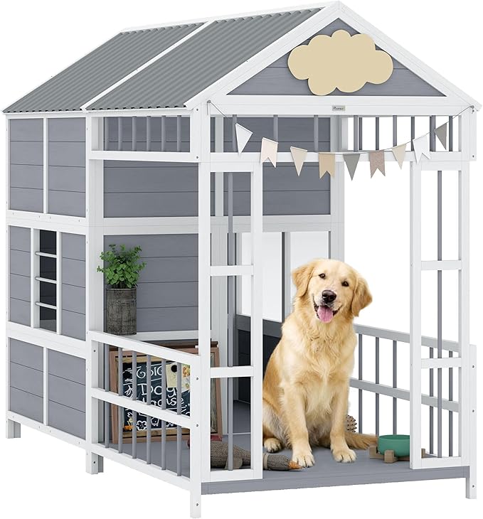 PawHut Dog House Outdoor Indoor, 79" x 41" x 63" Wooden Dog Shelter with Porch, Storage Cabinet, Weatherproof Roof, Elevated Floor, Air Vents & Observation Windows, Large Pet Shelter for Large Breeds
