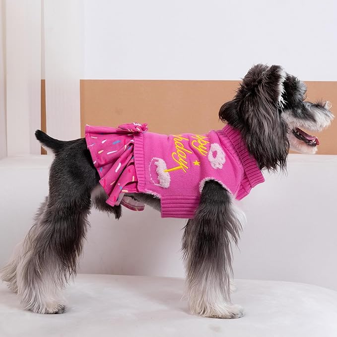CuteBone Pink Dog Sweater Dress Happy Birthday Pet Sweater Sweaters for Small Dogs with Bowtie Pullover Pupply Clothes Cats Clothes