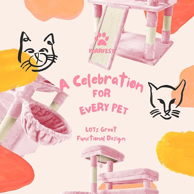 80 Inch Cat Tree,Large Cat Tower with 9 Scratching Posts, 2 Perches, 2 Caves, 2 Basket, 2 Stairs, Extra Large Hammock, Multi-Level Plush Cat Condo for Indoor Cats/Pink