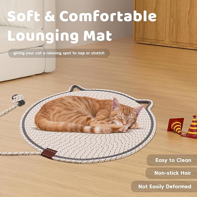 Handmade Woven Cat Scratcher Mat, 16.9"/19.7" Natural Cotton Rope Cat Scratching Pad for Indoor Cats, Non-Slip Flat Scratch Pad, Soft Durable Cat Lounging Mat with Ball Toy (Gray,19.7 in)