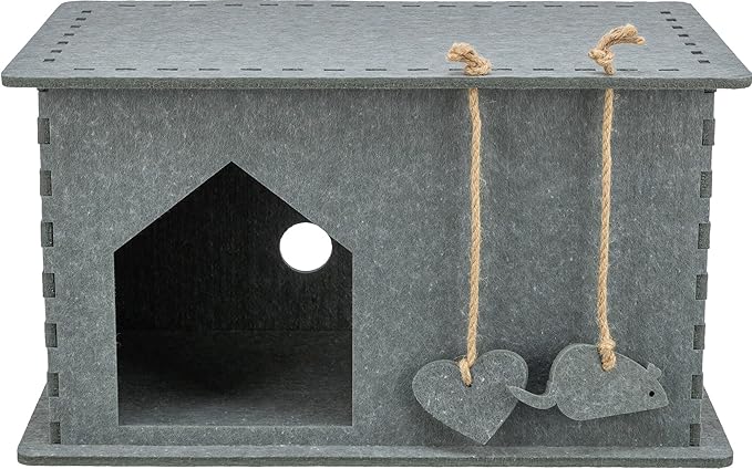 TRIXIE Lene Felt Cat Condo - Indoor Cat Furniture - Small Hideaway Cave with Hanging Toy and Jute Scratching Pads - Gray