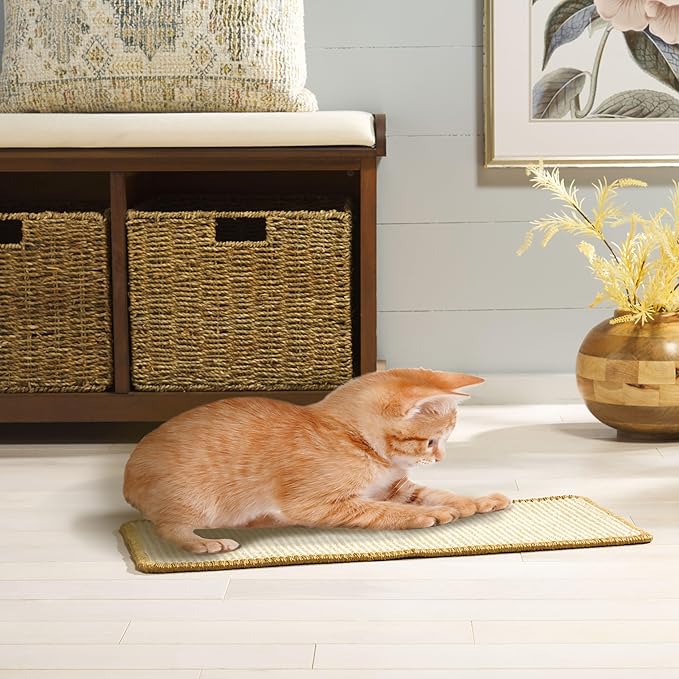 SAFAVIEH Cat Scratch Mat Pad Collection, 12" x 20" Oval, Beige, Sisal & Jute Boucle Weave, Velcro & Slip Resistant Backing