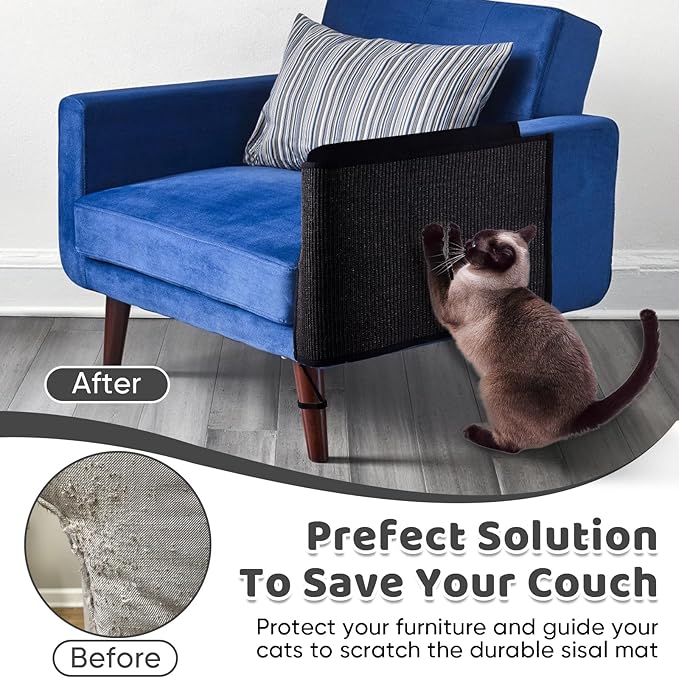 NATUYA Cat Scratch Furniture Couch Protector - Large Sisal Cat Scratching Pad Sofa Corner Arm Shield, Cat Scratcher for Sofa (Black, Right)