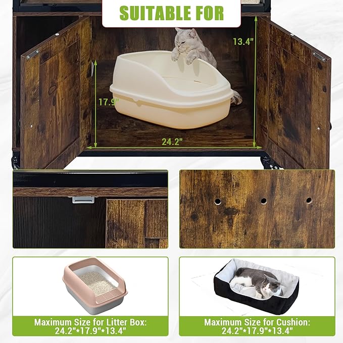 GarveeHome Cat Tree with Litter Box Enclosure 57.5 in H Wooden Cat Tower Cabinet with Wheels Dog Proof Corner Hidden Litter Box with Condo, Hammock and Scratching Post Retro Brown
