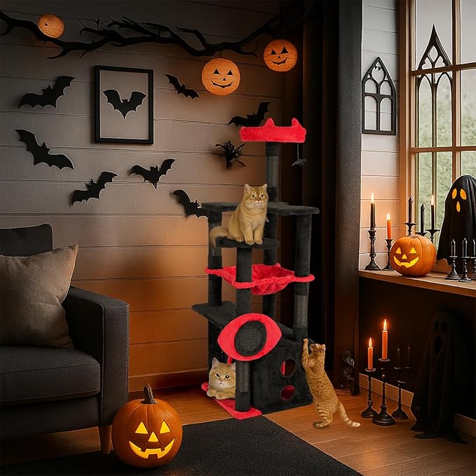 Outvita Halloween Large Cat Tree,53.1" Gothic Cat Tower with Padded Perch, Spacious Condo, Comfy Hammock, Scratching Post, Hanging Toy for Indoor Cats, Red & Black