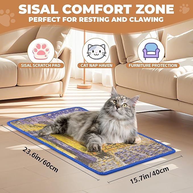 Sisal Cat Scratcher Mat, Cat Wall Scratcher for Indoor Cats, 23.6x15.7 Inch Cat Scratch Pad with Hook & Loop, Wall Mounted Cat Scratching Post to Protect Couch and Carpet（Café Terrace）
