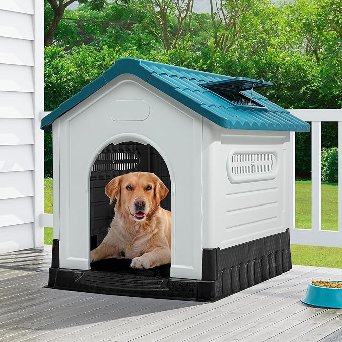 YITAHOME Dog House Outdoor Plastic Doghouse Water Resistant Pet House with Adjustable Skylight and Elevated Base for Small, Medium, and Large Dogs