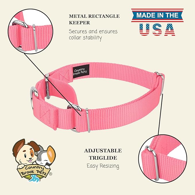 Country Brook Petz - Martingale Dog Collar - Heavy-Duty Training Collar with No Buckle - Service Dog Collar for All Pups - 10+ Warm Colors (Pink, 1 Inch, Large)