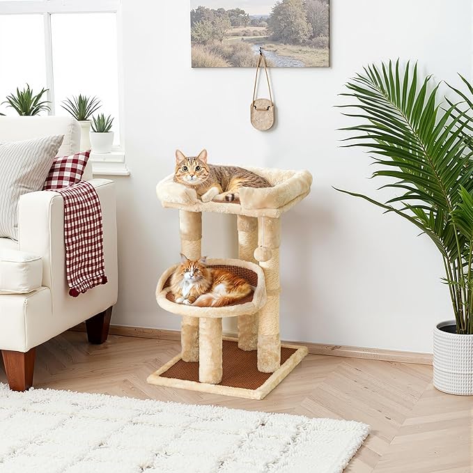Multi-Level Cat Tree for Indoor Cats, Modern Cat Tower with Double Beds & Scratching Posts, 27in Cat Tree for Large Cats and Kitten, Small Cat Climbing Tower with Hanging Toys, Cream White