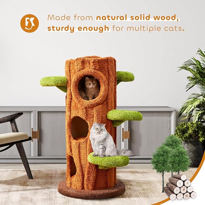 47.2'' Luxury Natural Cat Tree for Indoor Cats, Multi-Level Cat Tower with Scratching Post, Solid Wood Cat Condo for Multi-cat Families (Brown)