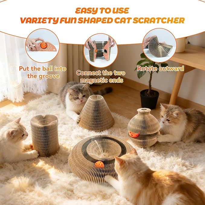 Magic Organ Cat Scratcher, Kitty Kurlz Cat Toys Cardboard Cat Scratching Board, Interactive Cat Toys for Indoor Cats, Mental Physical Exercise Cat Toys with Bell Ball