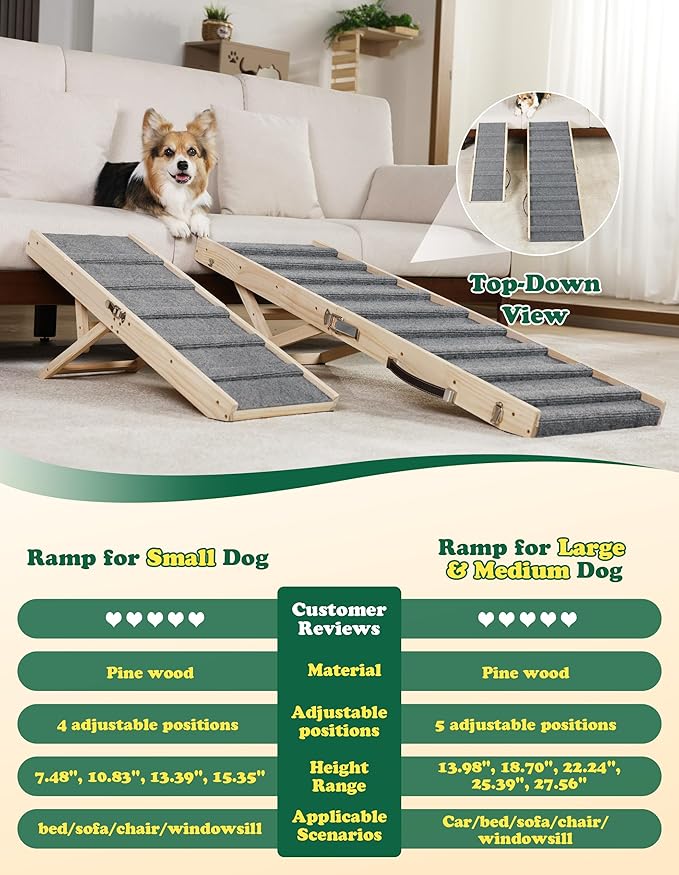 Dog Ramp Dog Stairs for Small Dogs Foldable Dog Ramp with 4 Adjustable Heights from 7.48'' to 15.35" Wood Pet Ramp with Non Slip Carpet Portable Puppy Ramp for Couch, Sofa, Low Bed