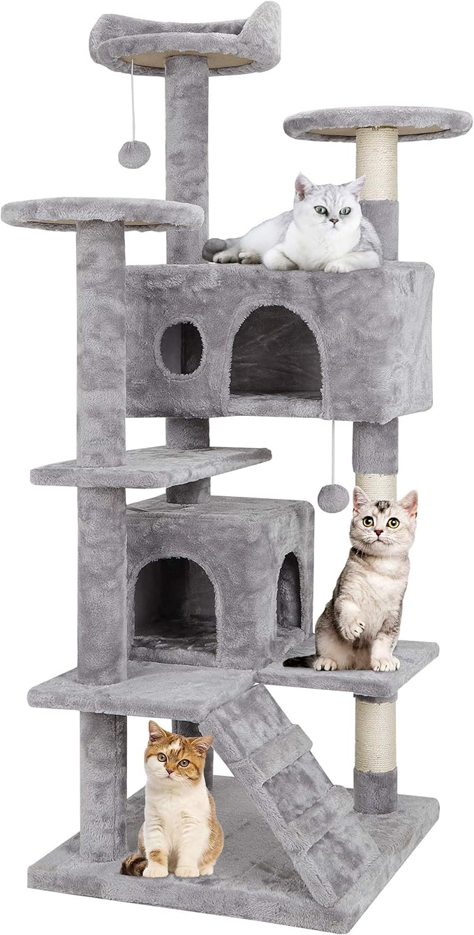 55 inches Heavy Duty Multi-Level Cat Tree Tower with Condo Furniture & Scratching Posts for Kittens Play Rest (Light Grey)