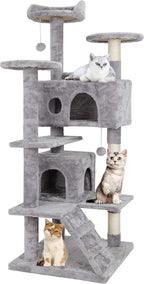 55 inches Heavy Duty Multi-Level Cat Tree Tower with Condo Furniture & Scratching Posts for Kittens Play Rest (Light Grey)