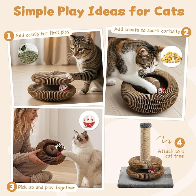 Magic Organ Cat Scratcher Cardboard, Interactive Scratch Cat Toy with Bell Ball, Foldable Scratching Board, Corrugated Cardboard Scratch Pad for Indoor Cats, Round(1PCS)