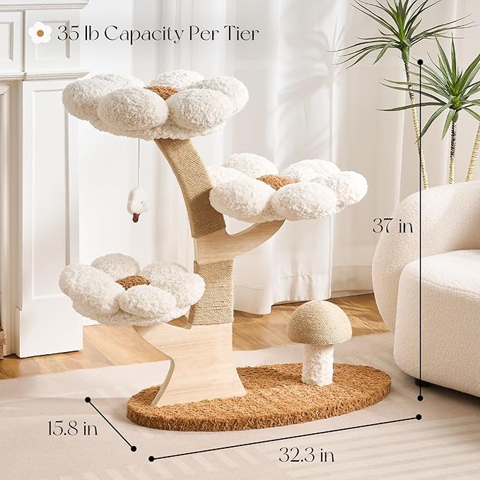 797Audio Flower Cat Tree, 37" Wood Branch Cat Tower, White Cloud Cat Tree with Scratching Post for Indoor Adult Cats, Luxury Cat Tree with Mushroom Cat Scratcher & Interactive Squeaky Toy