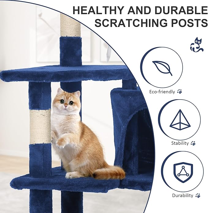 36" Multi-Level Cat Tree Tower with Scratching Posts, Toys & Condo - Space-Saving Design for Indoor Kittens, Compact Floor Footprint & Vertical Space for Multi-Cat Homes-Navy Blue