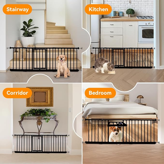10" Height Short Dog Gate Adjustable18-48 Extra Wide Dog Gate with Small Cat Door,Pet Gate with 4 Extension Kits Pressure Mounted for Doorways & Stairs (Black, 10" Height)