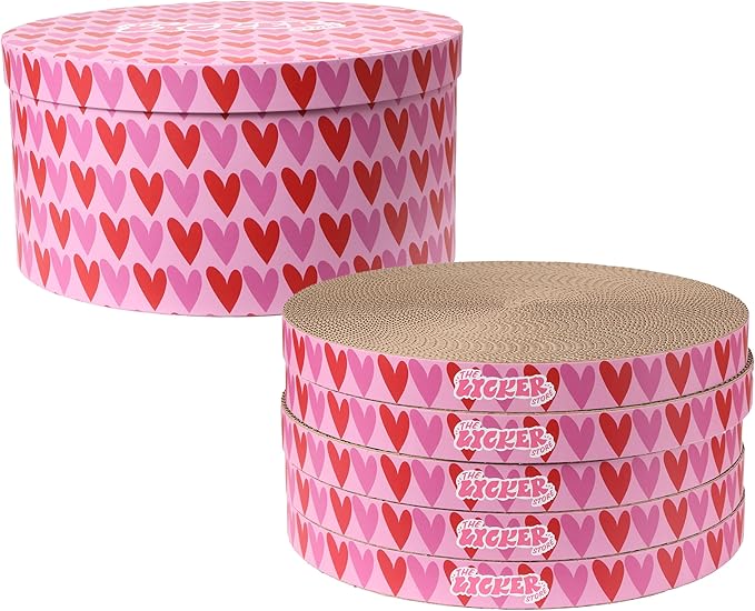 CSR1012E Kate 12 Inch Cardboard Cat Scratcher Pads with Box & Catnip, Reversible Heavy-Duty Scratch Boards for Cats, Furniture Protection, Modern Heart Pattern, Pink/Red, 5-Pack
