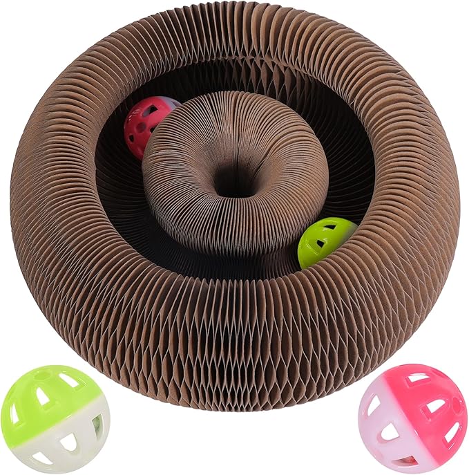 Magic Organ Cat Scratcher Toy with 2 Bell Balls - Interactive Transformable Cat Scratching Board, Foldable Corrugated Cardboard Track Toy for Indoor Cats & Kittens