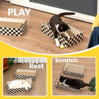 Cat Scratcher Box with 4 Scratching Pads&2 Separate Cardboard Boxes,2-in-1 Cardboard Cat Scratch for Multiple Kitten Interactive Play,Birthdays Holiday Toys Gift,Checkered-Ball Toy