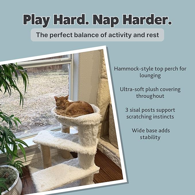 Trixie Baza Scratching Post – Cat Tower with Jute Posts, Hammock & Step Platforms – Indoor Cat Furniture for Scratching & Climbing – Cream, 19.7" x 19.7" x 27.6"