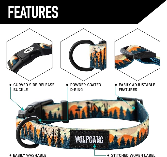 Wolfgang Heavy Duty, Adjustable Dog Collar with Quick Release Nylon Buckle for Walking & Training, Overland Print, Small