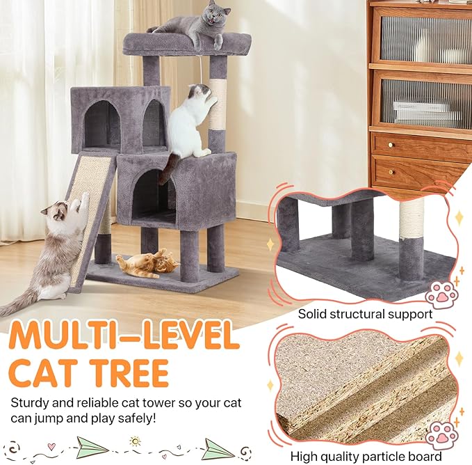 Cat Tree 36-Inch Cat Tower with Scratching Post Multi-Level Cats Condo with Ramp,Large Perch,Dangling Ball,Pet Play Tower for Kittens & Adult Cats(Ashy)