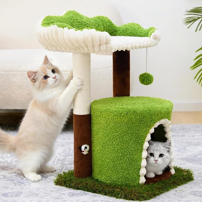 Multi-Level Cat Tree with Sisal Scratching Post, Small Cat Tower with Cozy Condo, Soft Top Perch and Interactive Toy Mouse, Cute Forest Design Cat Furniture for Indoor Cats and Kittens