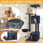 Cat Tree, 54-Inch Cat Tower for Indoor Cats,Plush Multi-Level Cat Condo with Scratching Posts, Basket, Perches,2 Caves,2 Pompoms(Dark Gray)
