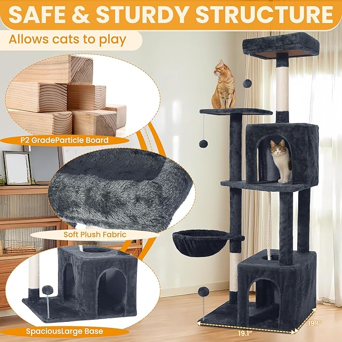 Cat Tree, 54-Inch Cat Tower for Indoor Cats,Plush Multi-Level Cat Condo with Scratching Posts, Basket, Perches,2 Caves,2 Pompoms(Dark Gray)