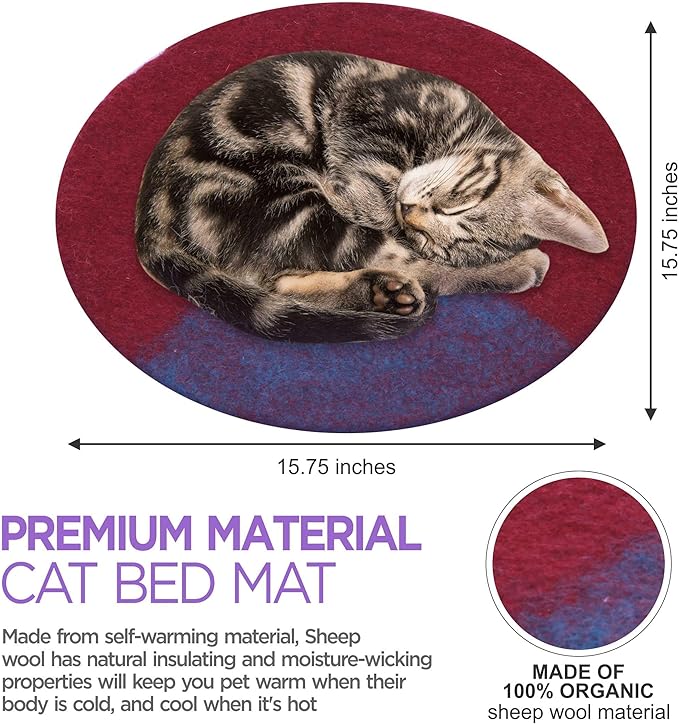 Cat Bed Mat Natural Merino Wool Cozy Large Carpet Pad for Pet Cats Kitty Small Dog House Warm Organic Sheep Wool Scratch Floor Mats Rug Bedding (Aqua Red, Large)