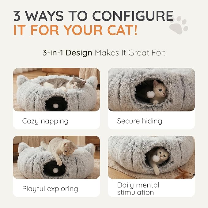 Interactive Cat Toys for Indoor Cats – 3-in-1 Cat Tunnel Bed with 2 Catnip Toys, Peekaboo Cat Cave & Donut Tunnel, Foldable Interactive Toy for Kittens & Small Pets, 32"
