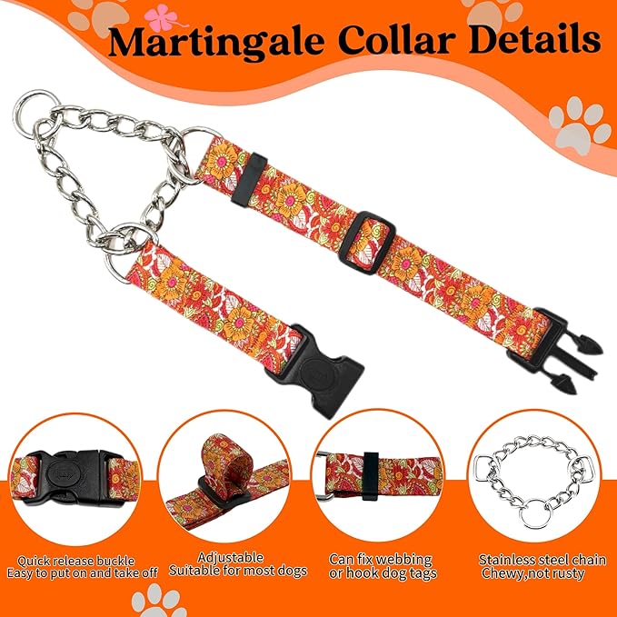 Martingale Dog Collar with Chain Stainless Steel, Nylon Dog Collar Flowers Pattern, Adjustable Training Walking Collar with Quick Release Buckle, Slip Chain Collar for Puppy Medium Large Dogs