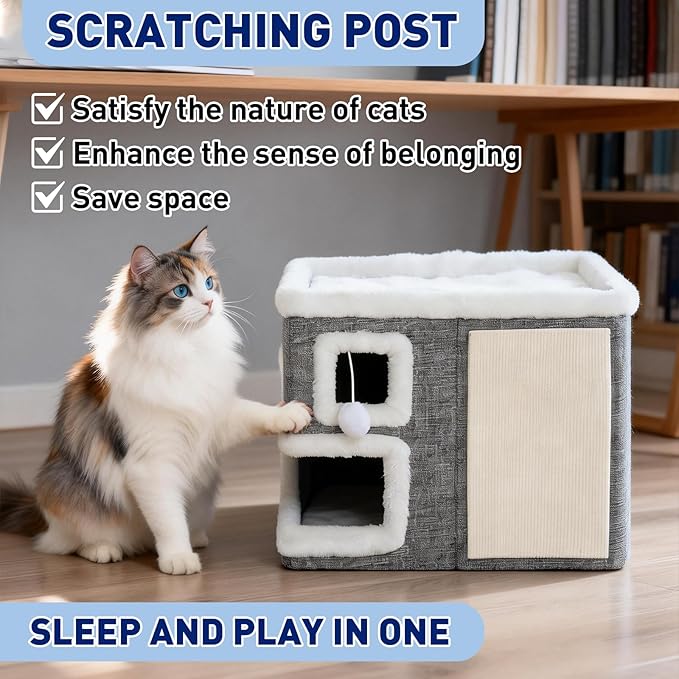 Cat Houses for Indoor Cats,Foldable with Cat Scratch Pad and Hanging Fur Ball - Washable Semi-Enclosed Cat Bed, Warming Comfy Cat Tent,16.5x16.5x12.99inch, Grey