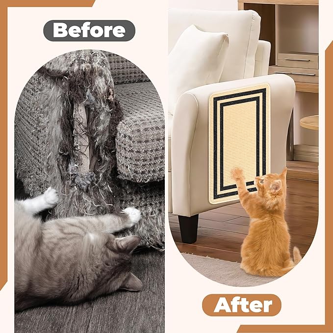Cat Scratcher Mat, 23.6x15.7 Inch Natural Sisal Cat Scratch Pad, Horizontal Cat Scratching Pad Rug for Indoor Cats with Sticky Tapes, Protect Couch & Carpets（Beige Black）