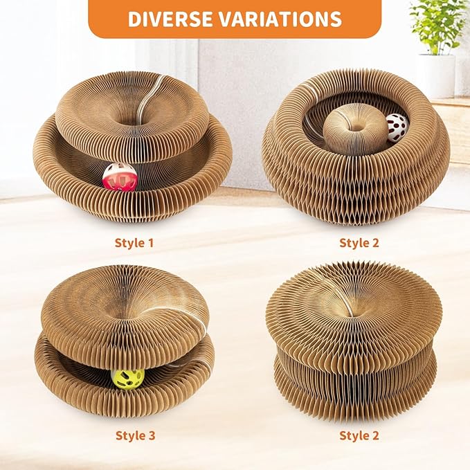 Collapsible Cats Cardboard Scratcher, Interactive Cat Toys for Indoor Cats, Scratch Pad Shape Shifting Ball Track with Bell, Magic Organ Cat Toy for Chase & Scratch Paw Easter Toys for Kitties Cat