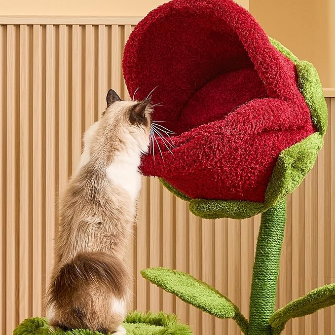 Happy & Polly 42-inch Flower-Shaped Cat Tree with Sisal Scratching Post, Modern Wood Color, Floor Mount, Indoor Climbing