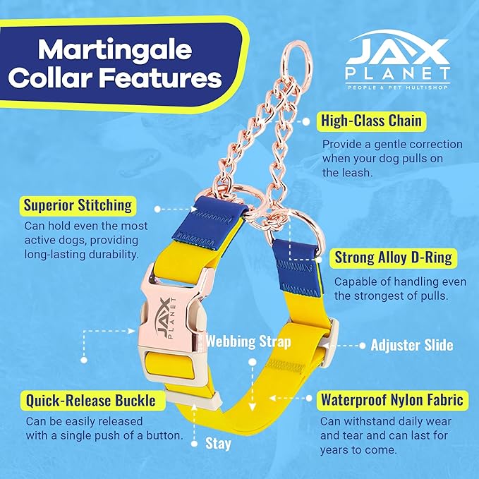 Jelly Waterproof Martingale Dog Collar, No Pull Nylon Collar with Alloy Metal Buckle & D-Ring for Outdoor Training and Walking, Anti Pull, Escape Free, One Time Adjustment- Yellow & Blue, M