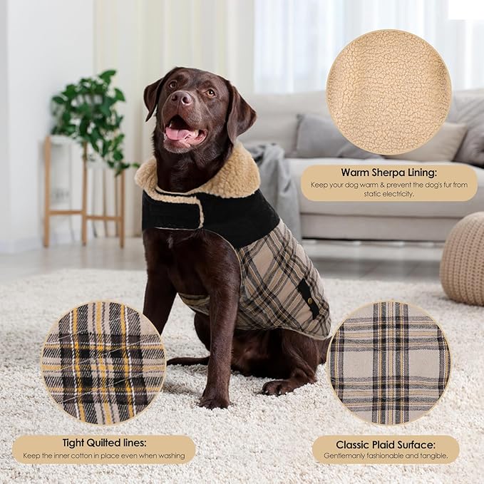 Winter Coat for Small Dogs, Puppy Plaid Jacket, Dog Jacket for Cold Weather, Windproof Warm Garments, Pets Thickened Outfits Indoor Outdoor, Beige S