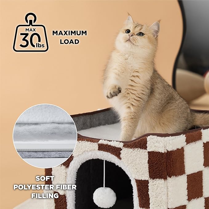 LE SURE Indoor Cat Beds Kitten House - Large Cat Cave for Pet Cube with Fluffy Ball Hanging, Foldable Small Animal Hideaway, 16.5x16.5x13 inches, Brown Checks