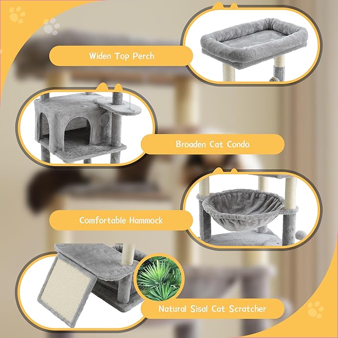 66 inches Cat Tree, Multi-Level Tall Modern Cat Tower for Indoor Large Cats Adult with Sisal Scratching Posts & Board, Padded Platforms, Hammock and Condo, Grey